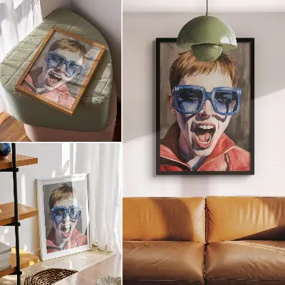 Foto su tela ritratto di una persona con occhiali dai colori vivaci ed espressivi
