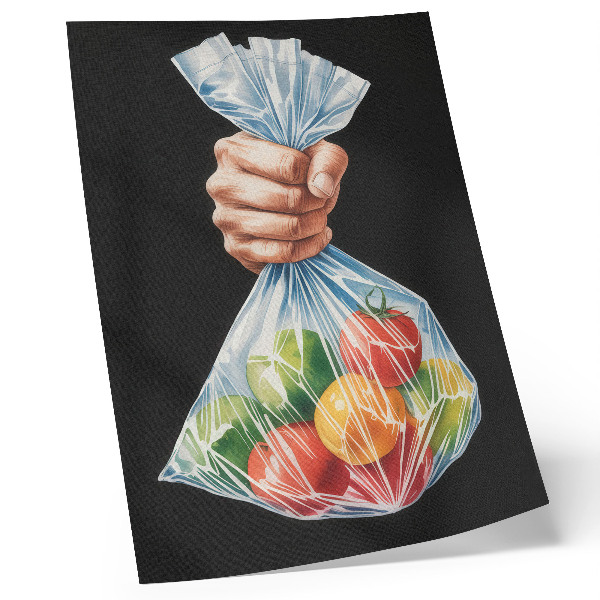 Poster Una mano con un sacchetto di plastica pieno di frutta colorata