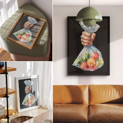 Poster una mano che regge un sacchetto di plastica pieno di frutta colorata