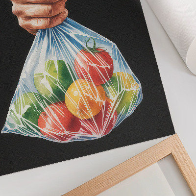 Poster Una mano con un sacchetto di plastica pieno di frutta colorata