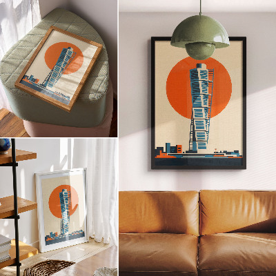 Foto su tela Sole arancione, grattacielo moderno dalle forme geometriche