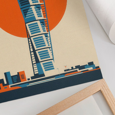 Foto su tela Sole arancione, grattacielo moderno dalle forme geometriche