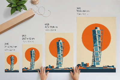 Foto su tela Sole arancione, grattacielo moderno dalle forme geometriche