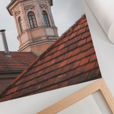 Poster Tetto in mattoni rustico di una torre, cielo blu
