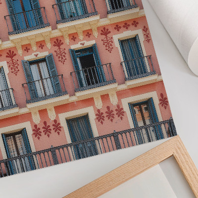 Poster Facciata simmetrica con persiane blu navy e decorazioni floreali.