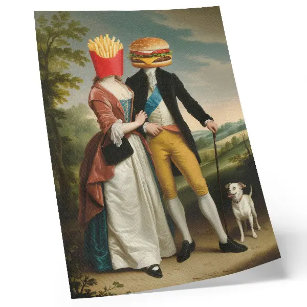 Foto su tela scena surreale e umoristica con teste di patatine fritte e hamburger
