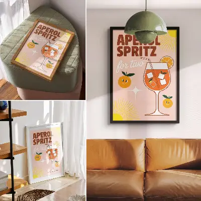 Stampa su tela con scritta arancione e gialla e frutta sorridente