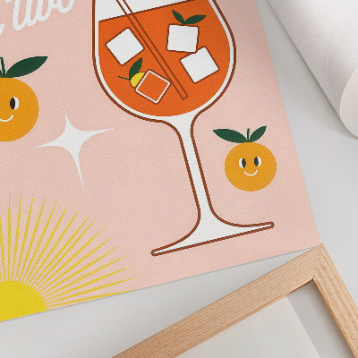 Stampa su tela scritta arancione e gialla con frutta sorridente