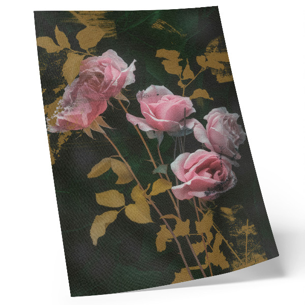 Stampa su tela Rose rosa, foglie verdi, accenti dorati, eleganza