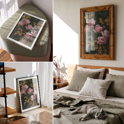 Stampa su tela Rose rosa, foglie verdi, accenti dorati, eleganza
