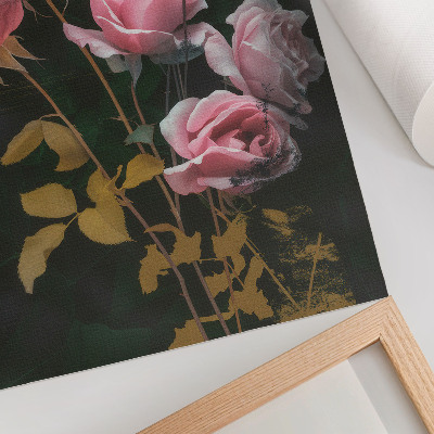 Stampa su tela Rose rosa, foglie verdi, accenti dorati, eleganza