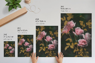 Stampa su tela Rose rosa, foglie verdi, accenti dorati, eleganza