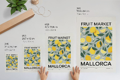 Poster Foglie verde limone su sfondo blu senza punti