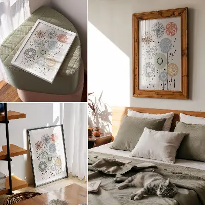 Stampa su tela fiori geometrici colorati su sfondo chiaro