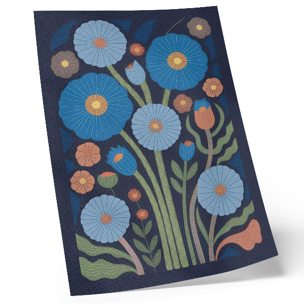 Stampa su tela Fiori blu, dettagli arancioni, sfondo blu scuro