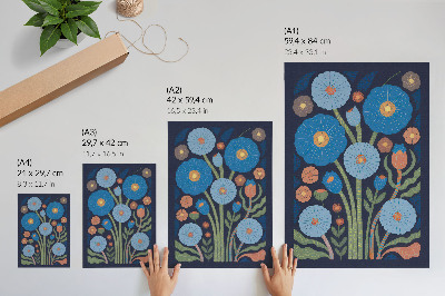Stampa su tela Fiori blu, dettagli arancioni, sfondo blu scuro