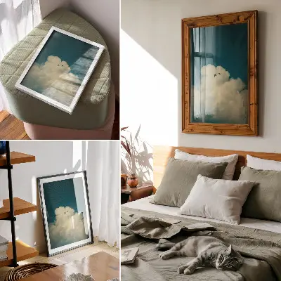 Poster con nuvole bianche, cielo turchese e due uccelli nello spazio