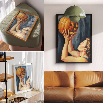 Poster Zucca arancione, sfondo blu scuro, surrealismo