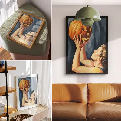Poster zucca arancione su sfondo blu scuro in stile surrealista