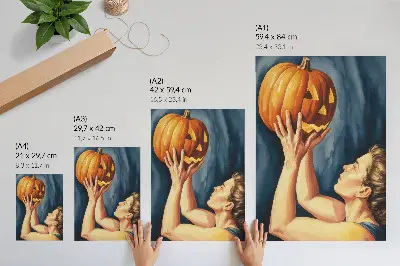 Poster zucca arancione su sfondo blu scuro in stile surrealista