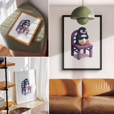 Foto su tela pinguino viola su sedia in stile minimalista Gioia
