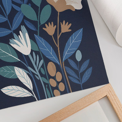 Foto su tela Foglie blu, fiori color crema, dettagli marroni