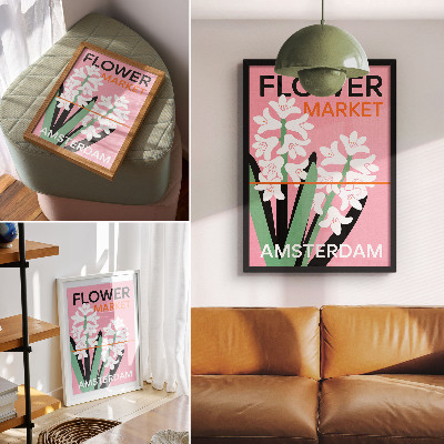 Foto su tela Fiori bianchi, scritta rosa, contrasto verde