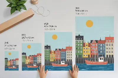 Stampa su tela case popolari colorate con barca sull'acqua in una giornata luminosa