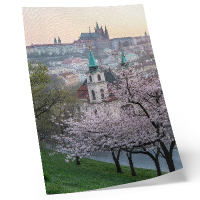 Foto su tela In primavera la città è piena di alberi in fiore e campanili.