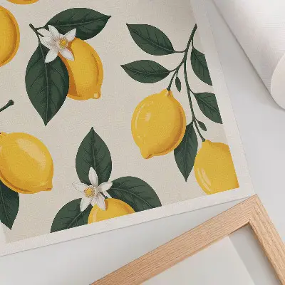 Stampa su tela con limoni succosi, foglie verdi e sfondo color crema