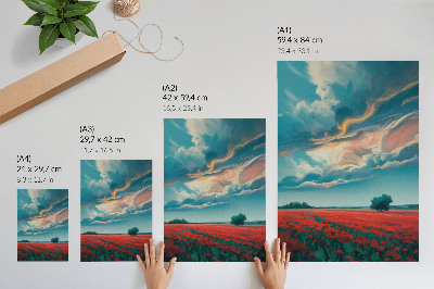 Stampa su tela Un coloratissimo prato di papaveri sotto un cielo infuocato
