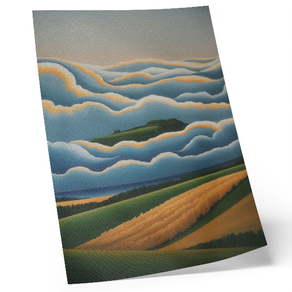 Foto su tela Onde, colline verdi, cielo dai colori pastello