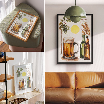 Poster Un boccale di birra con bottiglie, foglie e sole