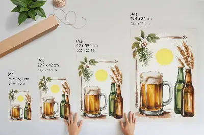 Poster con un boccale di birra, bottiglie, foglie e sole