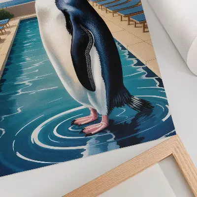 Poster con piscina dei pinguini, palme e mare in relax