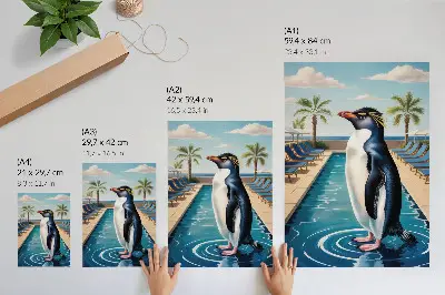 Poster con piscina dei pinguini, palme e mare in relax