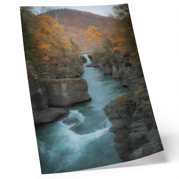 Poster Paesaggio autunnale, fiume di montagna, pendii rocciosi