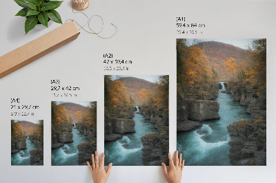 Poster Paesaggio autunnale, fiume di montagna, pendii rocciosi