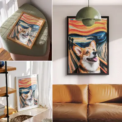 Stampa su tela con soggetto cane carino dai colori dinamici e contrasti audaci