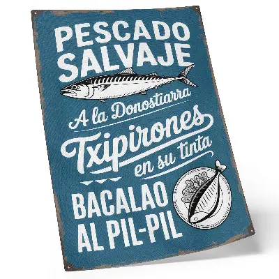 Foto su tela con motivo retrò a forma di pesce e scritte su sfondo blu