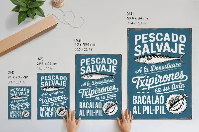 Foto su tela con motivo retrò a forma di pesce e scritte su sfondo blu