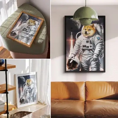 Poster con cane in tuta spaziale, razzo e paesaggio lunare