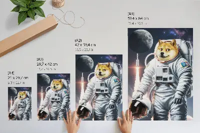 Poster con cane in tuta spaziale, razzo e paesaggio lunare