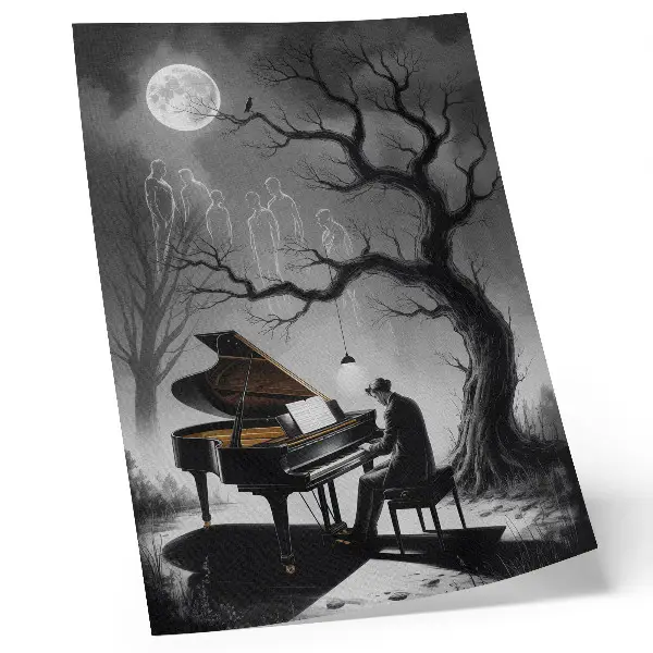 Foto su tela con colori tenui, pianoforte, luna e spiriti