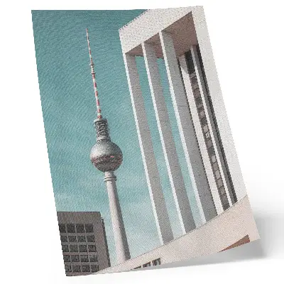 Poster torre minimalista con edifici moderni su cielo blu