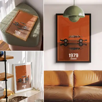 Poster auto retrò in stile vintage con specchietto retrovisore arancione