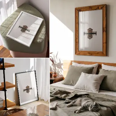 Foto su tela cottage in legno dallo stile minimalista in riva all'acqua
