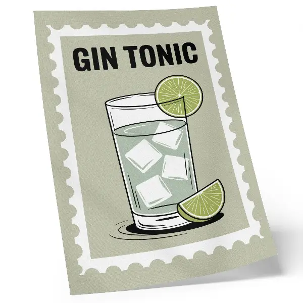 Stampa su tela con scritta GIN TONIC ed elementi verdi e bianchi