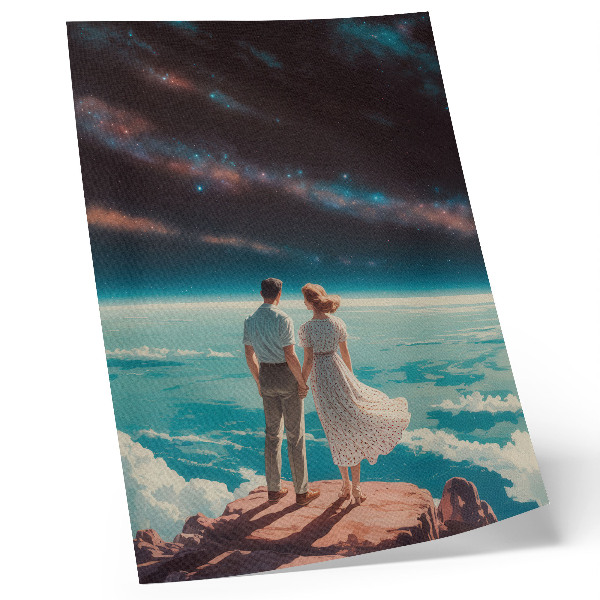 Foto su tela Persone su una scogliera, rivolte verso le stelle dello spazio.