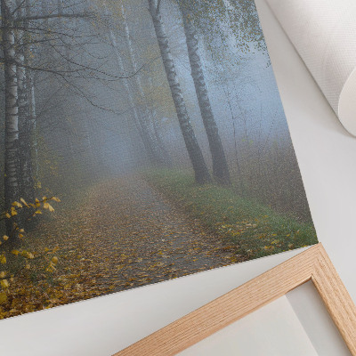 Foto su tela Foresta autunnale nebbiosa, betulle e foglie gialle